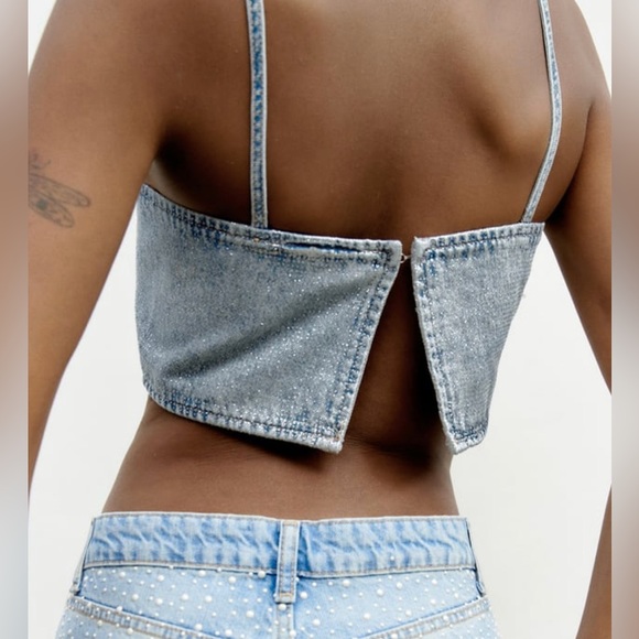 Zara RHINESTONE DENIM CROP TOP XS - S - Picture 3 of 5
